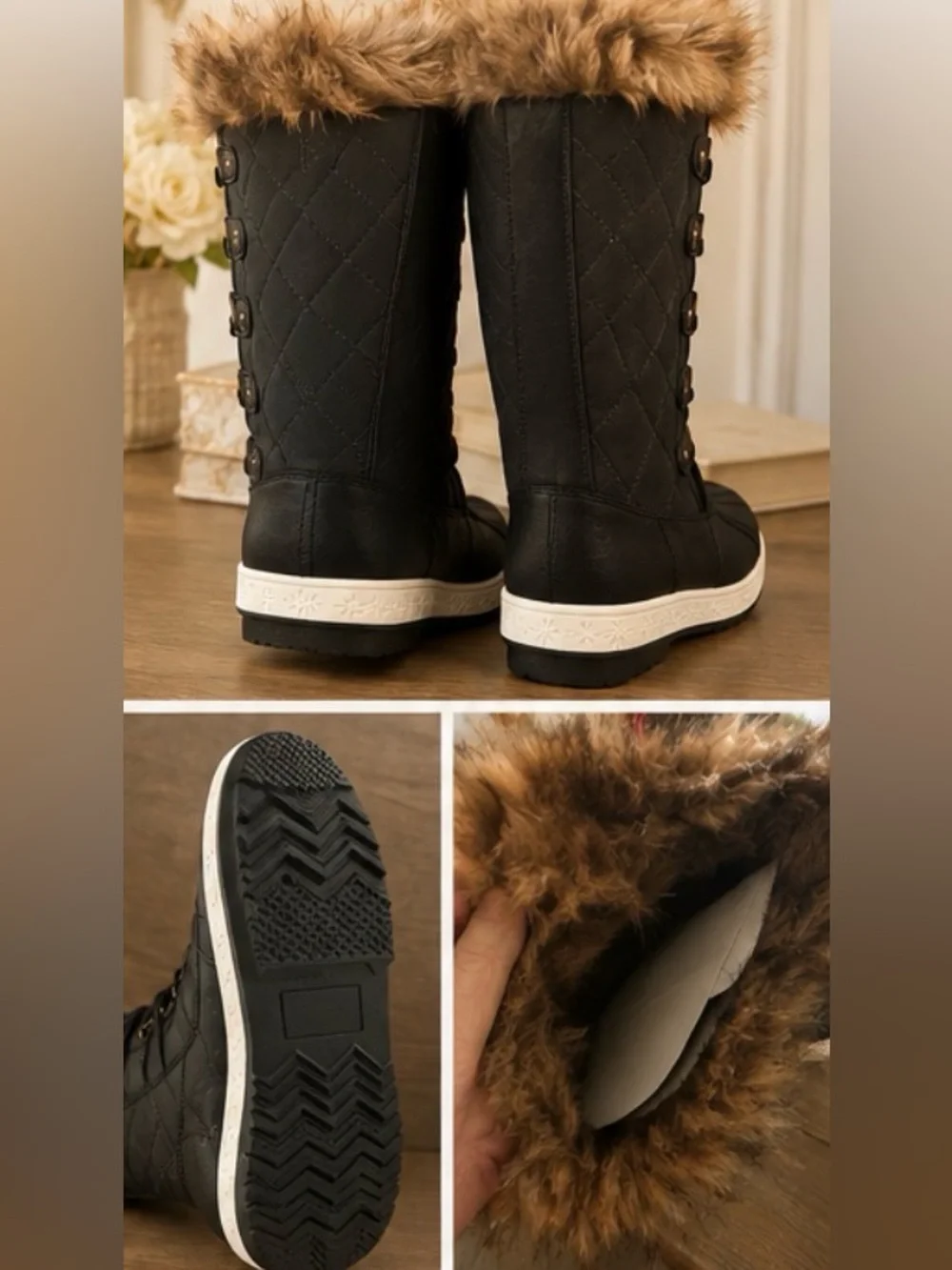 Women's Black Faux-Fur Top Lace-Up Winter Boots